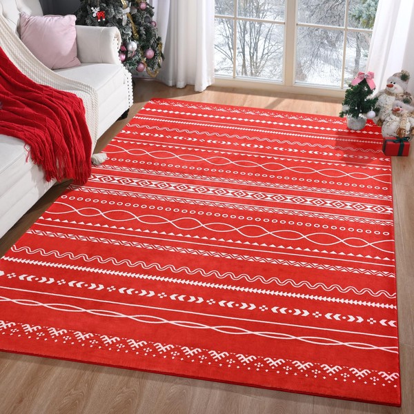 Softlife Christmas Red Area Rug for Living Room, 4x6 Moroccan