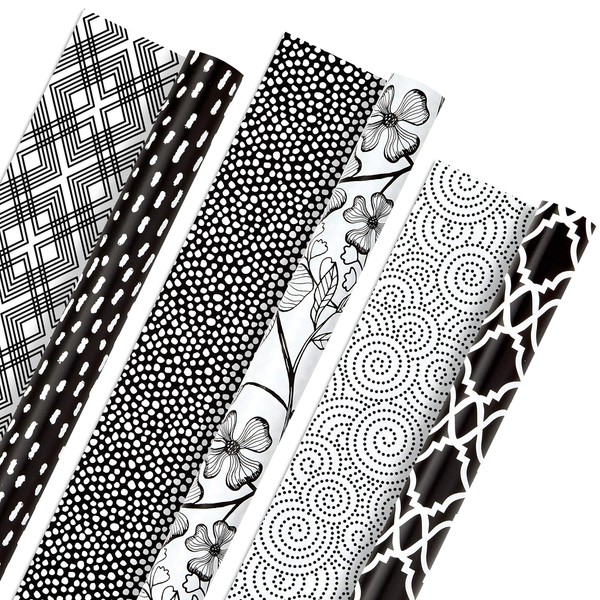 Hallmark All Occasion Reversible Wrapping Paper Bundle - Black and White Flowers and Dots (3-Pack: 75 sq. ft. ttl.) for Birthdays, Weddings, Graduations, Valentine's Day, Anniversaries, Christmas