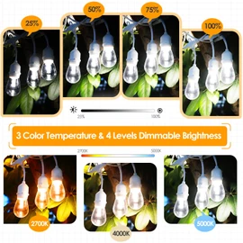 Mlambert 3 Color Outdoor LED Dimmable String Lights for Patio with Remote, Plug in 48FT Waterproof Shatterproof LED Bulb Light for Cafe-White Cord