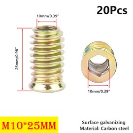 Qrity 20PCS Threaded Inserts Nuts, Hex Drive Head Nuts, Threaded Inserts for Wood, Hex Socket Drive, Zinc Plated Carbon Steel, M10x25mm Insert Nut