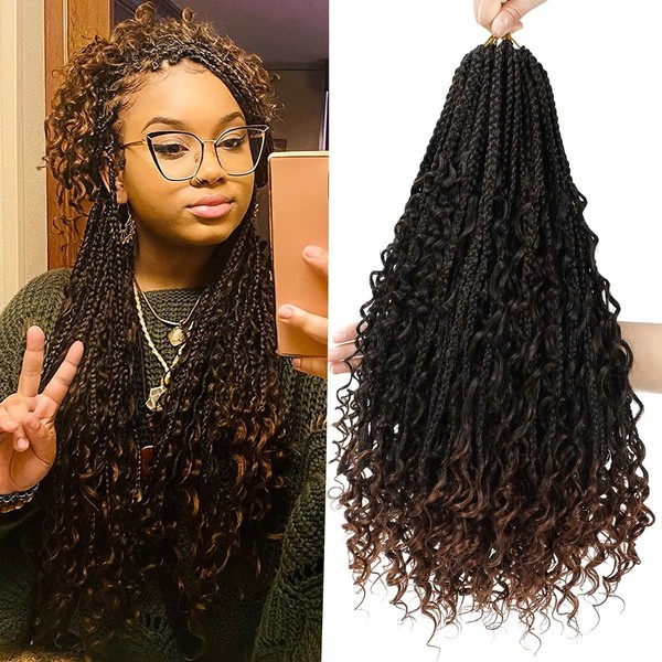 Goddess boho box braids crochet hair, 8 packs, bohemian box braids, crochet hair with curly ends, 24 inch synthetic braiding hair extensions for women (1B/30)