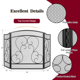 Gtongoko Fireplace Screen 3 Panel 48″ W x 29″ H Heavy Duty Wrought Iron Decorative Fire Spark Guard Gate Cover with Full Hinges for Living Room Home Decor, Black
