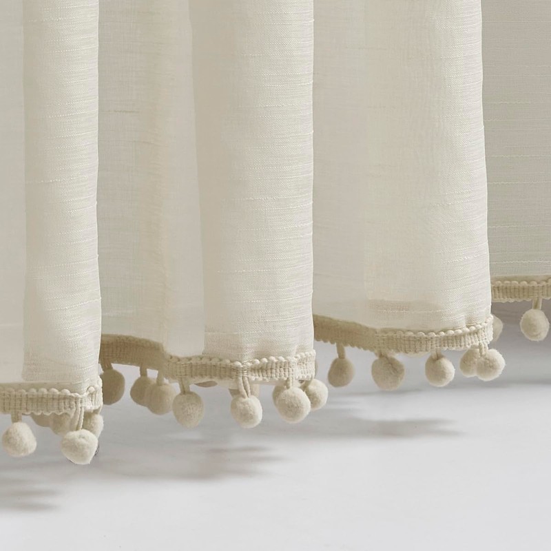 Treatmentex Sheer Curtains 95in Bedroom Decorative Pompom Trimmed Voile for
