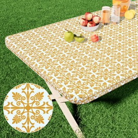 misaya Rectangle Vinyl Table Cloth, Elastic Fitted Flannel Backed Tablecloth, 100% Waterproof Plastic Table Cover Fits 6 Foot Folding Tables for Picnic, Camping, Outdoor (Gold, 30" x 72")