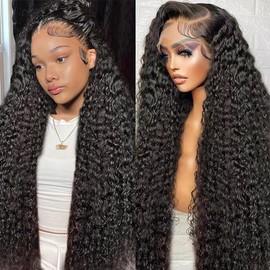 Wingirl 13x6 Deep Wave Lace Front Wigs Human Hair Pre Plucked 180 Density HD Lace Lace Frontal Wigs with Baby Hair for Women 24inch Glueless Natural Black Color