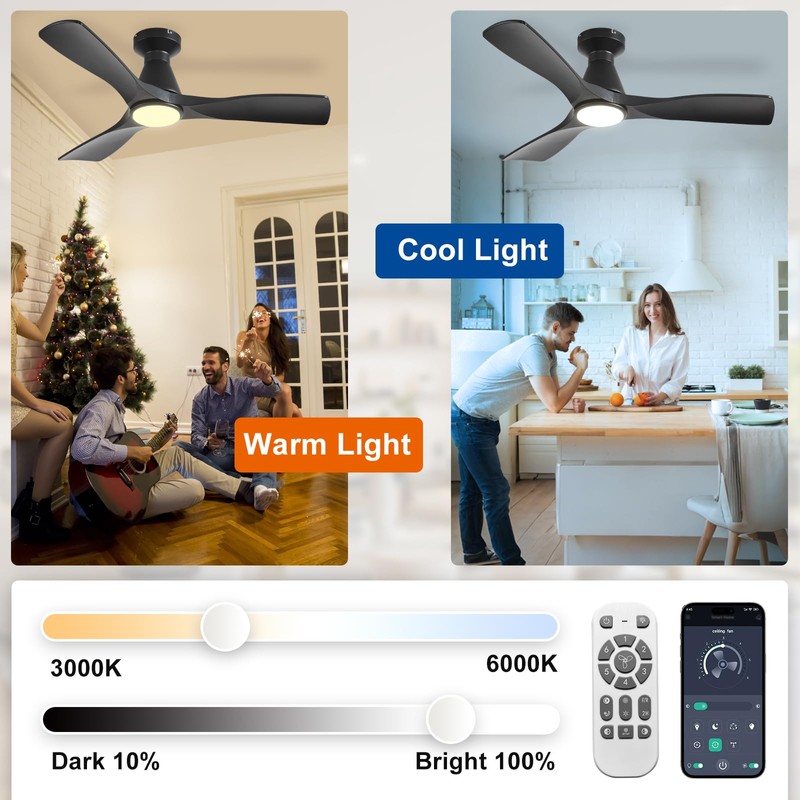 Depuley 42-Inch Ceiling Fans with Lights: Black 3 Blade Flush