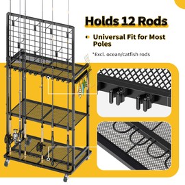 SOYEEZE Fishing Rod Holder for Garage, Fishing Pole Holders with Wire Panels and Free DIY Hooks, Store Up to 12 Rods, Large Storage Space with Wheels for Fishing Supplies, Best Fsihing Gifts for Man