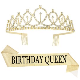ISIYINER Birthday Crown and Sash, Crystal Birthday Tiara Rhinestone Crowns with Birthday Sash for Girls Birthday Party Hair Accessories, golden
