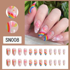 Press on Nails Almond Summer 24Pcs Glossy Full Cover Acrylic Medium False Nails with Rainbow Heart Designs Artificial Almond Fake Nails with Charm Glue Stick on Fingernails for Women Girls
