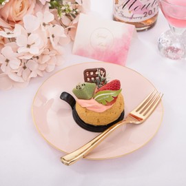 Nervure 100Pieces Pink Plastic Plates - 7.5inch Disposable Pink Salad/Dessert Plates - Heavy Duty Pink and Gold Plastic Plates Ideal for Wedding & Party