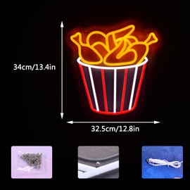 Deep-Fried Chicken Neon Light Sign Chicken Bucket LED Sign “13.4x12.8”Fake Food Model Bright Lamp for Fast Food Shop Restaurant Kitchen Home Party Decoration Display Photography Props
