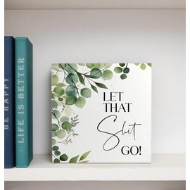 WNAGT Funny Bathroom Signs, Let That Go Humorous Wooden Box Sign, Eucalyptus Botanical Wood Signs Plaque for Bathroom Washroom Toilet Counter Shelf Table Decor, 5x5 Inch