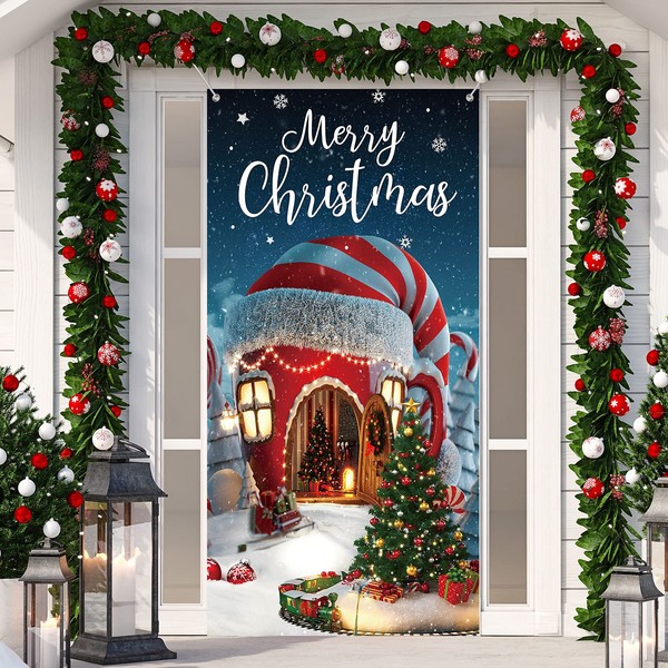 Christmas Decorations Merry Christmas Door Cover Christmas Candy Cup House Background Banner House Christmas Door Hanging Covers for Christmas Decoration, 70.9 x 35.4 Inches