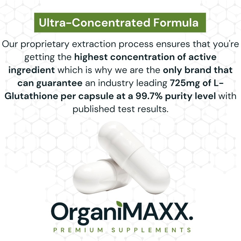 Glutathione 725mg Per Capsule OrganiMAXX L-Glutathione One A Day capsules.