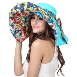 Women's Foldable Floppy Reversible Travel Beach Sun Visor Hat Wide Brim UPF 50+ Blue
