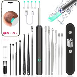 18 Piezas Limpiador de Oídos, Camara 1296P y Luz Eliminación de Ear Wax, Herramienta de Eliminación de Cera de Oídos, Kit de Eliminación de Cera de Oídos Compatible con ios y Android-Negro