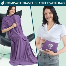 PAVILIA Soft Compact Travel Blanket and Pillow, Foldable Airplane Blanket in Bag, Lightweight Portable Flight Blanket Set with Luggage Strap, Camping Plane Car Home Office Gift Accessories, Purple