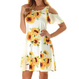 Misyula Dresses for Women Casual Summer,Cold Shoulder Floral Knee Length Short Beach Holiday Hawaiian Dress with Pockets Soft Loose Fit Flowy Hem Swing Sundress White Yellow M