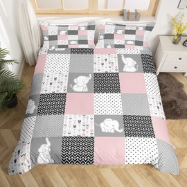 Homewish Cute Elephant Duvet Cover for Boys,Girls Pink Grid Comforter Cover Full Size,Lovely Animals Bedding Set Kids Teen Room Decor Bed Cover,Wavy Stripes Bedclothes with Zipper