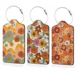 70s Style Retro Floral Luggage Tags,Colorful Flower PU Lether Travel Cruise Luggage Tag for Suitcase with Privacy Flap,Name ID Label and Stainless Steel Loop for Women Men