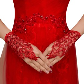 iSpchen Lace Gloves Bridal Wedding Gloves Women's Short Gloves Elegant Flowers Lace Fingerless Bridal Gloves Retro Mesh Gloves for Wedding Party Costume Opera Gloves, Red, red