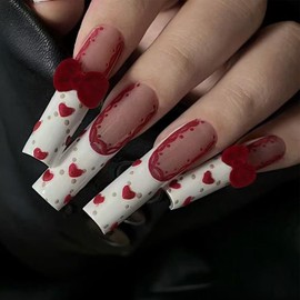 IMRAIN Square Press on Nails Long Length Fake Nails Full Cover Glue on Nails Glossy White French Tips False Nails with Furry Bow Designs for Women Girls 24Pcs Acrylic Stick on Nails