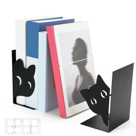 Zoyiancy 1Pair Cat Book Ends for Shelves, Cute Bookends with 8Pcs Non-Slip Pads, Metal Book Holder for Bookshelf, Heavy Duty Book Stopper for Home(Black)