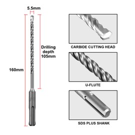 SALI 10PCS SDS Plus Rotary Hammer Drill Bit Concrete Drill Bit Kit Double Thread Tungsten Carbide Tip Suitable for Concrete, Brick, Cement Walls, Stone, 5.5mm x 160mm Hammer Drill Bits for Concrete