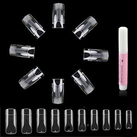 Beauties Factory 500 pcs Clear Half Nail Tips Set with Nail Glue, Transparent Nail Tips Half Cover with Well 10 Sizes Size 0-9 for Nail Salons DIY Extensions