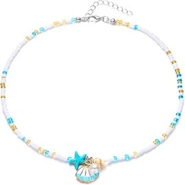 Bohemian Seashell Necklace & Starfish Anklet Set Adjustable Braided Chain with Pearls Blue Sea Glass Beads Beach Jewelry Gift for Women Summer Vacation Mother's Day