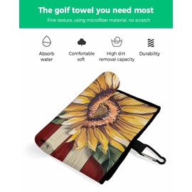 Savannan Independence Day Golf Towels, American Flag Microfiber Waffle Absorbent Golf Accessories with Handy Clip for Women Men 24"x16" Sunflower Vintage