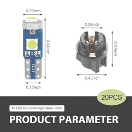 MOXRUQ 20 PCS T5 Led Bulbs Dash Lights, 37 74 2721 PC74 PC37 LED Bulb with Twist Lock Socket, 3030 Chips Super Bright Interior Dome Map Dashboard Indicator Instrument Panel Gauge Lamp (Ice Blue)