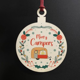 Novelty Caravan Wood Bauble Design Merry Campers Caravan Lover Gift For Friend Family