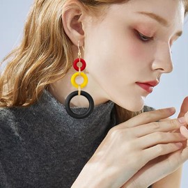 JIMARIN Bohemian Handmade Natural Wooden Circle Round Hoop Splicing Hook Earrings Lightweight Retro Colorful Long Wood Geometric Dangle Drop Earrings for Women (Red Yellow Black)