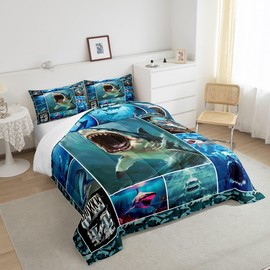 3D Shark Full Size Comforter Set,Sea Animals Bedding Set for Adults Teens,Children Shark Geometric Comforter Luxury Grid Squares Quilt Set Room Decor 3Pcs