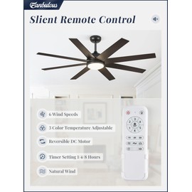 Ceiling Fans with Lights, 60 inch Black Ceiling Fan with Light and Remote, Outdoor Ceiling Fans for Living Room Patio, 6 Speeds, Reversible Quiet DC Motor, 3 CCT, Bi-color 8 Blades