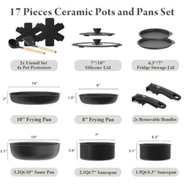 Bazova Ceramic Nonstick Cookware Set, Healthy,Non Toxic,17-Pieces Pots and Pans Set Removable Handles,Induction RV Kitchen Set,Stain & Scratch-resistant,Dishwasher/Oven Safe,PFAS/PFOA Free,Black