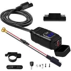 Motorcycle USB Phone Charger, Waterproof SAE to USB Adapter with Voltmeter & ON/Off Switch, Dual Quick Charge 3.0 Charger, Motorcycle Accessories for Phone, Tablet, GPS, etc (Blue)