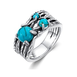 DOLIOX Genuine Women's Turquoise Highway Rings with 3 Gemstones 925 Sterling Silver Native American Jewely With Wide Band for Mom Wife Size 9