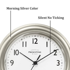 Presentime & Co. 8.5" Modern Farmhouse Essential Wall Clock, Silent non Ticking, Morning Silver Color. (Wall Clock for Office, Home, Bathroom, Kitchen, Bedroom, and School)