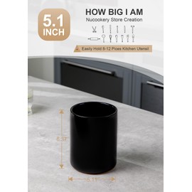 Nucookery Utensil Holder, 6.4" Ceramic Kitchen Utensil Holder with Countertop-Protection Cork Bottom, Farmhouse Kitchen Decor for Counter (Black)