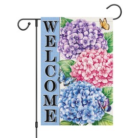 Louise Maelys Spring Summer Welcome Garden Flag Hydrangea Flower Butterfly Double Sided 12x18 Inch Floral Seasonal Small Burlap Holiday Yard Outdoor Flag Outside Home Decor (Only Flag)