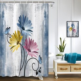 Rustic Farmhouse Shower Curtain, Farm Blue Daisy Floral Flowers and Butterfly on Country Wooden Shower Curtain for Bathroom, Turquoise Pink Yellow Bathroom Shower Curtains with 12PCS Hooks, 48X70IN