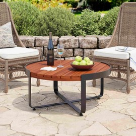 GDFStudio Isaac Outdoor Round Coffee Table Acacia Wood Patio Table with Metal Legs, Rustic Industrial Coffee Table for Balcony Backyard Garden Lawn, Mahogany