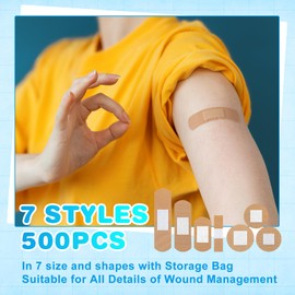 500 Pcs Flexible Fabric Adhesive Bandages Variety Pack 7 Styles Fingertip Knuckle Bandages for First Aid and Wound Care, Protection Minor Cuts & Scrapes, Cushion Painful Wounds (500 Pcs, Small)