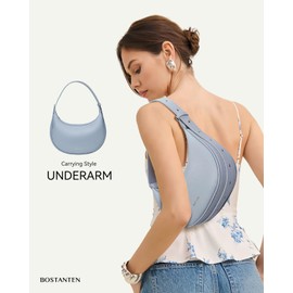 BOSTANTEN Crescent Shoulder Bag for Women Trendy Crossbody Hobo Purse Vegan Leather Clutch Handbag Adjustable Strap, Blue Small