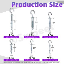 Swpeet 46Pcs M4X32mm M4X38mm M5X37mm M5X52mm M6X52mm M6X65mm C-shape Heavy Duty Hollow Wall Anchor Set, Hollow Drive Wall Anchor Screws Assortment Kit for Drywall Hollow Wall Plaster Walls