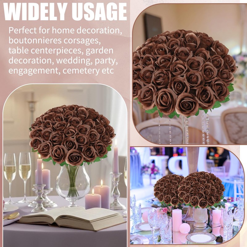 36 Pcs Chocolate Artificial Roses with Long Stems