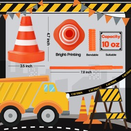 ALINK 12 Pack Construction Cone Cups with Straws, Race Car Traffic Cones Party Favor Cups, 10 oz Plastic Kids Party Cups for Construction Traffic Theme Racing Car Hotwheels Birthday Party Supplies