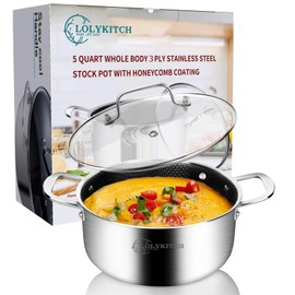 LOLYKITCH 5 QT Tri-Ply Hybrid Stainless Steel Non-Stick Stock Pot with Lid,Induction Cooking Sauce Pot,Soup Pot,Dishwasher and Oven Safe.
